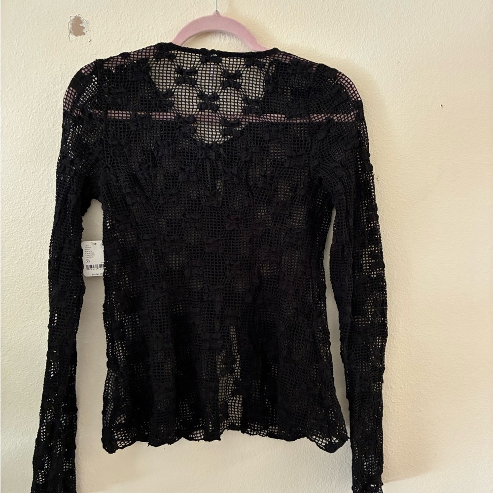 Free People Women’s Julie Knit Black Sheer Lace Cardigan Size XS Crochet Bow Tie - Picture 4 of 8